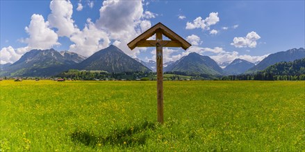 Field cross with Christ figure in front of mountain landscape