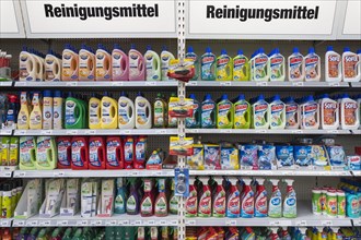 Shelves with cleaning agents in hardware store