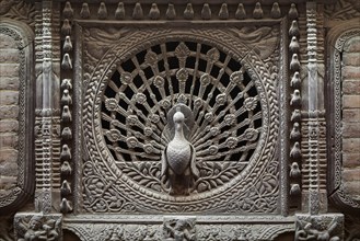Carved wooden peacock window
