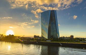 European Central Bank at sunset with skyline