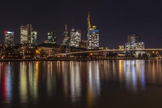 Skyline of Frankfurt with illuminated skyscrapers and reflections in the Main