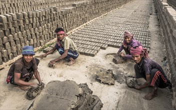 Workers of a brickyard stacking dried bricks
