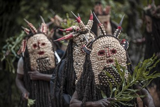 Men of the ethnic group of the Bamileke with traditional masks