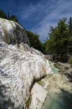 Accumulated white minerals and the pools of the hot springs of Bagni San Filippo in the middle of the forest