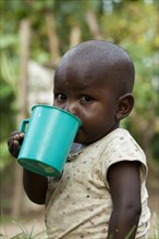 Young child drinking fresh milk from cup