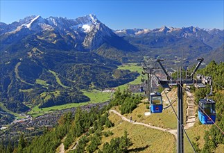 Wank cable car with view of the Wetterstein range with Alpspitze 2628m and Zugspitze 2962m