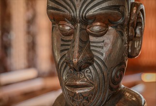 Traditional carving of a Maori statue in the assembly hall Te Whare Runanga