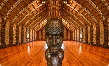 Traditional carving of a Maori statue in the assembly hall Te Whare Runanga