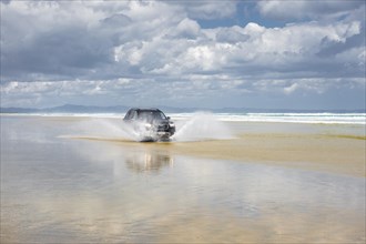 Black Hyundai Santa Fe 4x4 off-road vehicle drives on the sandy beach of Ninety Mile Beach in the water
