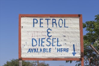 Street sign on the way for petrol and diesel to Van Zyl's Pass