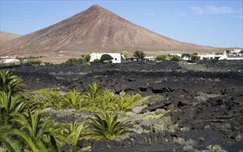 Volcanic cone and lava flows village of Tahiche