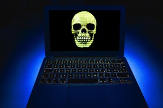 Laptop with skull and crossbones on screen