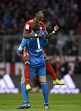 Goal celebration David Alaba FC Bayern Munich and goalkeeper Manuel Neuer FC Bayern Munich