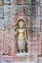 Stone carving at Prasat Preah Khan temple ruins