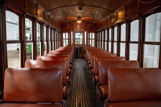 Interior view of a historic tram