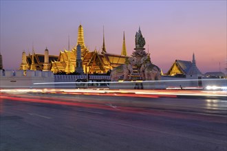 Illuminated royal palace Wat Phra Kaeo at dusk