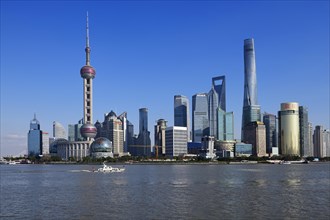View from the Bund to the Huangpu River skyline with Oriental Pearl Tower