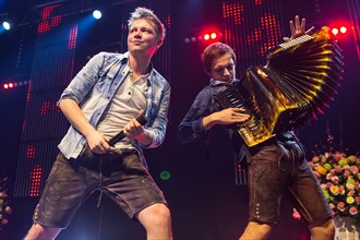 The German music group Dorfrocker with Tobias Thomann singing and Markus Thomann on accordion live at the 16th Schlager Nacht in Luzern