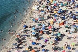 Many people with colorful sunshades at Tropea Beach