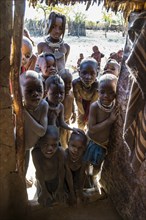 Many curious children looking in a Himba hut