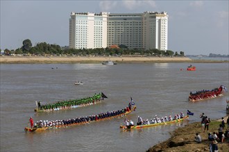 Dragon boats at Bon Om Touk Water Festival on Tonle Sap River