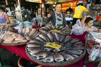 Woman selling fresh fish at market