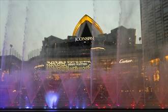Water games with coloured fountains in front of the IconSiam shopping centre