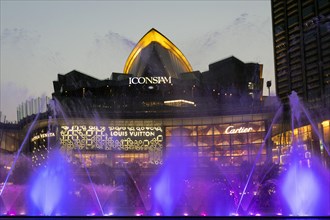 Water games with coloured fountains in front of the IconSiam shopping centre