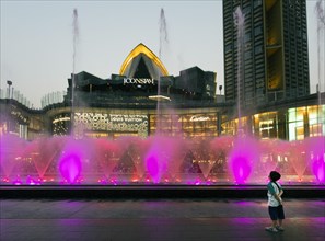 Water games with coloured fountains in front of the IconSiam shopping centre