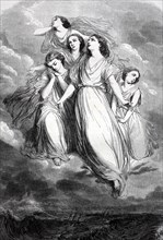 Five women hovering over the stormy sea