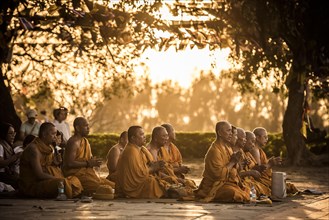 Buddhist pilgrims pray at Bodhi tree at Mayadevi temple