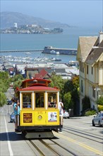 Cable car and Alcatraz Island