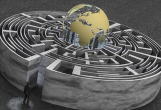 Man in front of labyrinth with globe