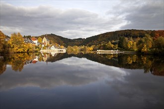lake Beyenburger and historical center of Beyenburg with the St. Mary Magdalene Church in Wuppertal