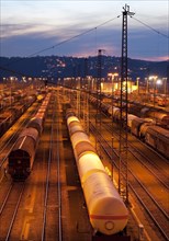 Freight train depot at twilight