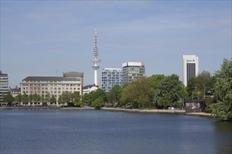 Inner Alster Lake with television tower and Radisson Blu Hotel