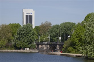 Inner Alster Lake with Radisson Blu Hotel and Lombard Bridge