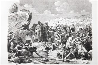 Moses beats at the rocks in Horeb