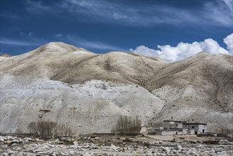 Barren mountain landscape with houses in Lo Manthang