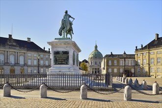 Frederik V equestrian statue in front of Amalienborg Castle and Marble Church or Frederik Church