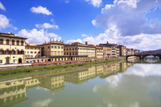 Florence old district on Arno river including Santa Trinita and Ponte Vecchio bridges