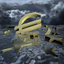 Euro symbol and Euro Stars in water with dark clouds