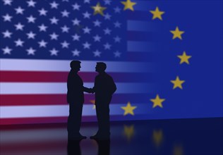 Two businessmen shaking hands in front of USA flag and EU flag