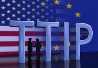 Two businessmen shaking hands in front of USA flag and EU flag