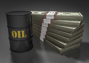 Oil barrel in front of stack of dollar bills