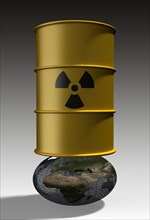 Barrel with nuclear waste on deformed globe