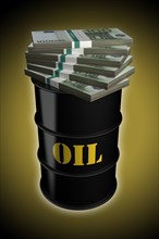 Euro bills piling up on oil barrel with inscription saying lifetime extension