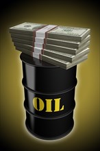 Dollar bills piling up on oil barrel