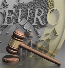 Gavel in front of euro coin