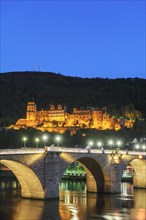 Heidelberg Castle with Karl Theodor Bridge at dusk